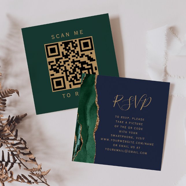 Emerald Green Agate Navy Blue Wedding QR Code RSVP Enclosure Card (Creator Uploaded)