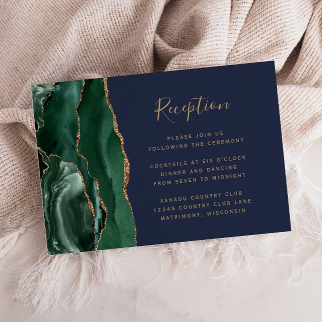 Emerald Green Agate Navy Blue Wedding Reception Enclosure Card (Creator Uploaded)