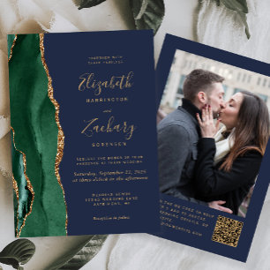 Emerald Green Agate Navy Photo QR Code Wedding Invitation