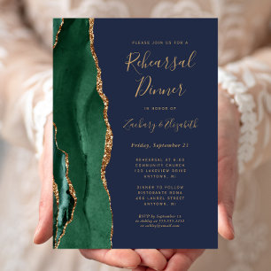 Emerald Green Agate Navy Wedding Rehearsal Dinner Invitation