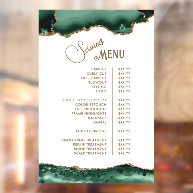 Emerald Green Agate on White Services Menu Window Cling (Sheet 2)