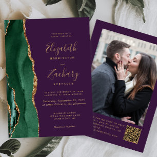 Emerald Green Agate Purple Photo QR Code Wedding Invitation