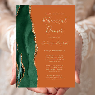 Emerald Green Agate Rust Wedding Rehearsal Dinner Invitation