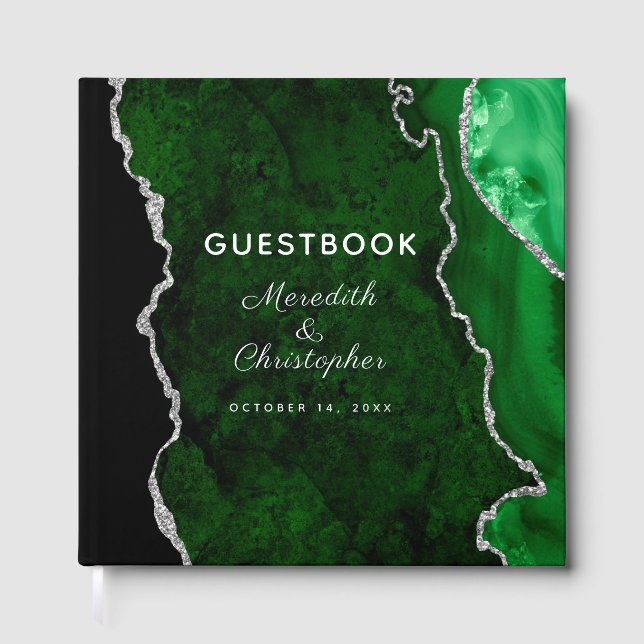 Emerald Green Agate Wedding Silver Guest Book (Front)