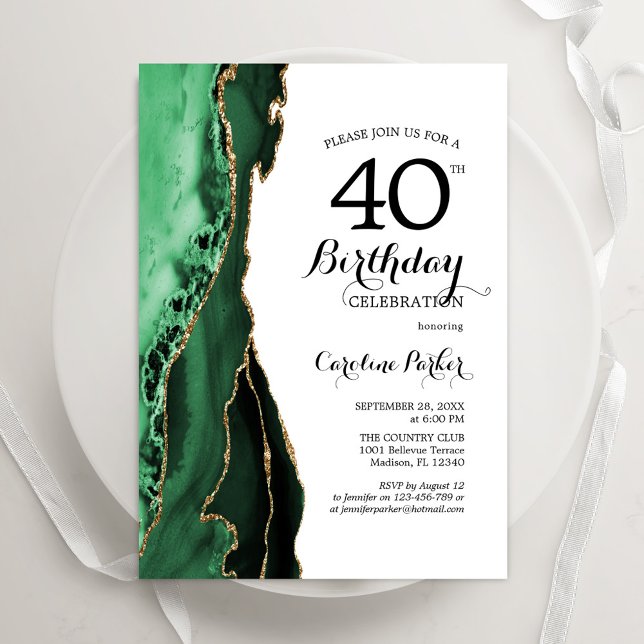 Emerald Green Agate White Gold 40th Birthday Invitation (Creator Uploaded)