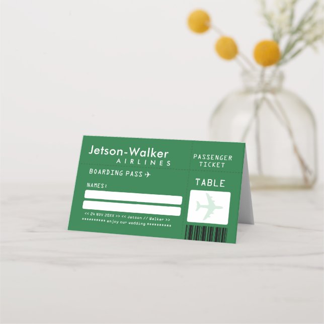 Emerald Green Airline Ticket Guest Wedding Seating Place Card (Front)