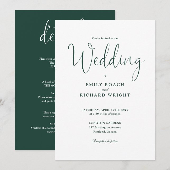 Emerald Green All In One Elegant Script Wedding Invitation (Front/Back)