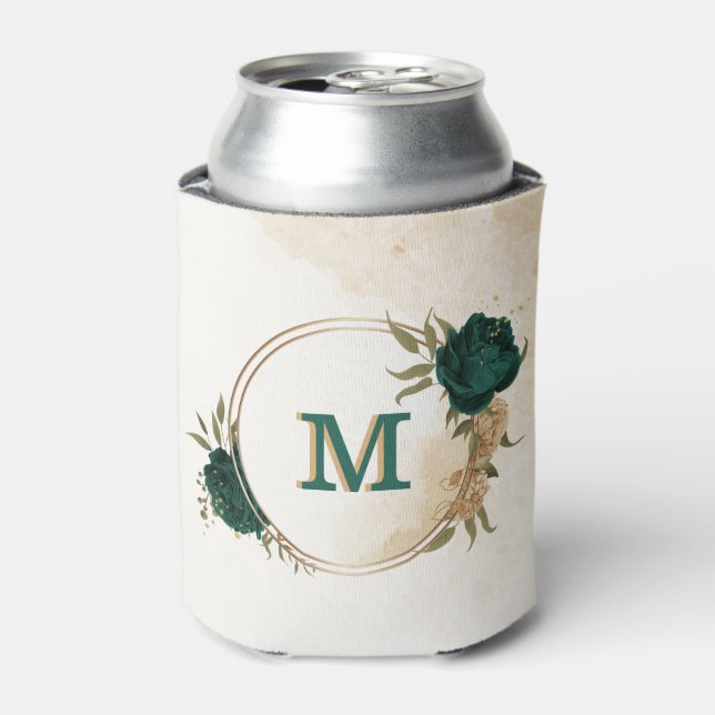 emerald green and beige gold flowers  can cooler (Can Front)