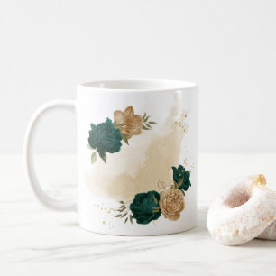 emerald green and beige gold flowers  coffee mug