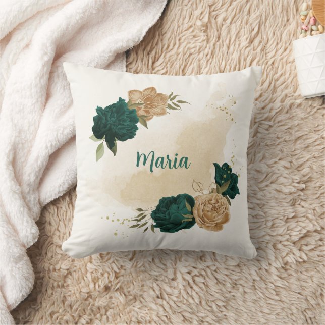 emerald green and beige gold flowers  cushion (Blanket)