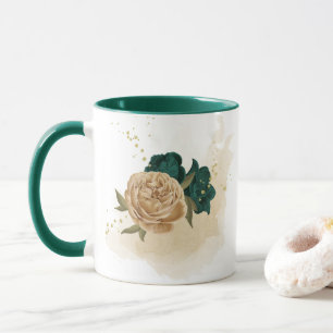 emerald green and beige gold flowers mug