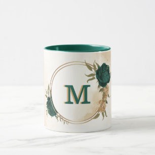 emerald green and beige gold flowers  mug