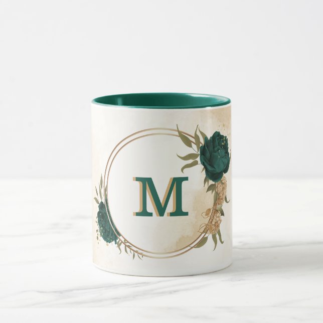 emerald green and beige gold flowers  mug (Center)