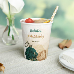 emerald green and beige gold flowers  paper cups