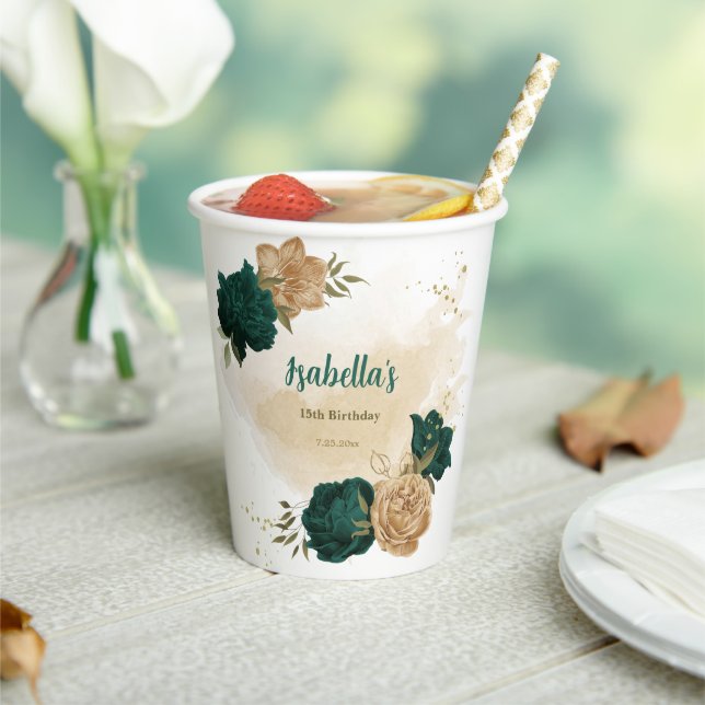 emerald green and beige gold flowers  paper cups (Insitu)