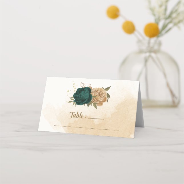 emerald green and beige gold flowers place card (Front)