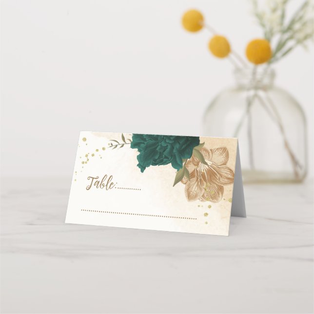 emerald green and beige gold flowers place card (Front)