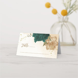 emerald green and beige gold flowers place card