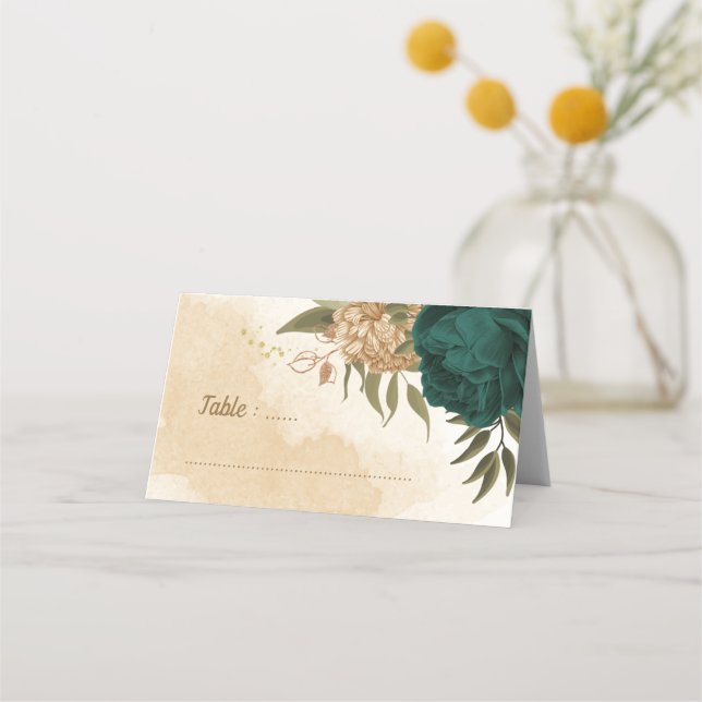 emerald green and beige gold flowers place card (Front)