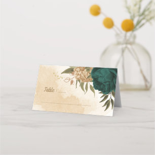 emerald green and beige gold flowers place card