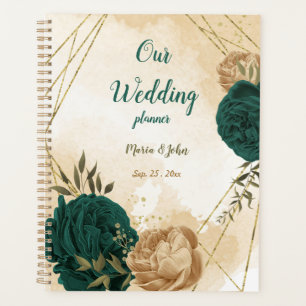 emerald green and beige gold flowers  planner