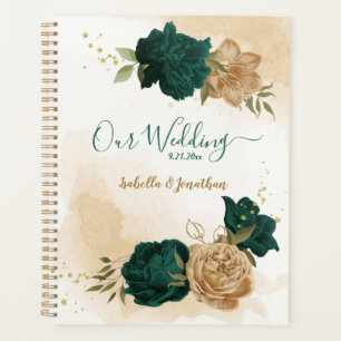 emerald green and beige gold flowers  planner