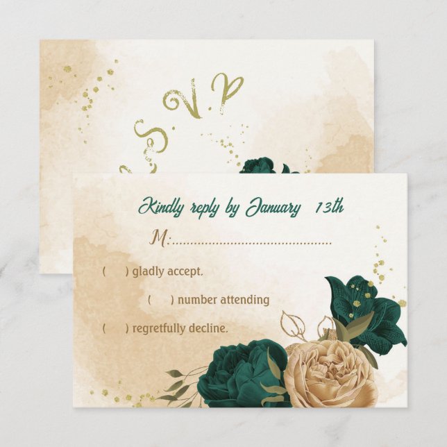 emerald green and beige gold flowers RSVP card (Front/Back)