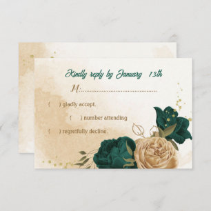 emerald green and beige gold flowers RSVP card