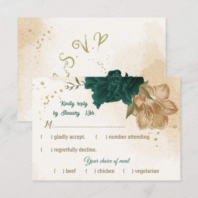 emerald green and beige gold flowers RSVP card (Front/Back)