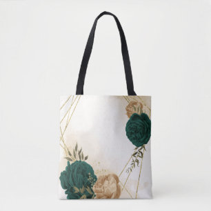 emerald green and beige gold flowers  tote bag