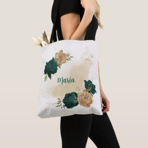 emerald green and beige gold flowers  tote bag