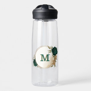 emerald green and beige gold flowers water bottle