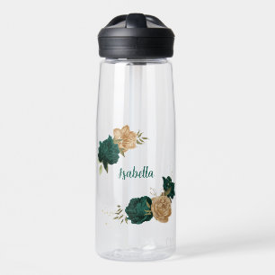 emerald green and beige gold flowers  water bottle