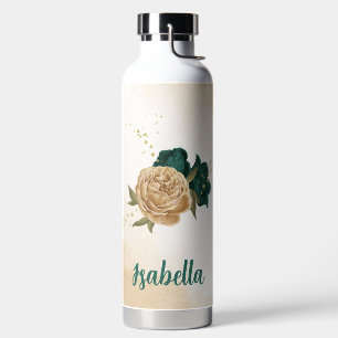 emerald green and beige gold flowers water bottle