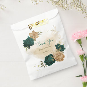 emerald green and beige gold flowers wedding favour bags