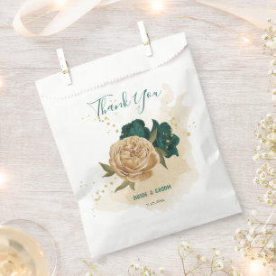 emerald green and beige gold flowers wedding favour bags