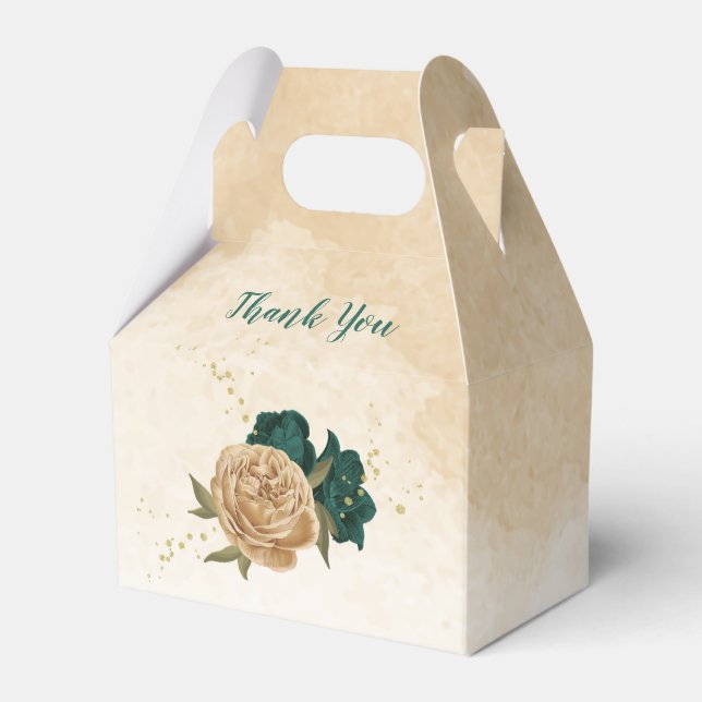 emerald green and beige gold flowers wedding favour box (Front Side)
