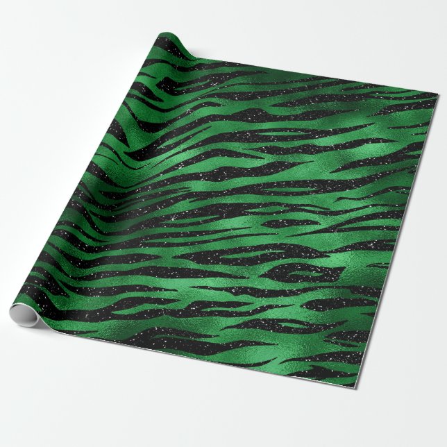 Emerald Green and Black Glam Animal Print Wrapping Paper (Unrolled)