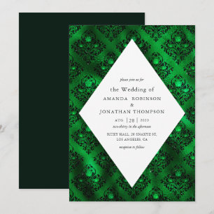 Emerald Green and Black Glam Damask Rose Wedding Invitation
