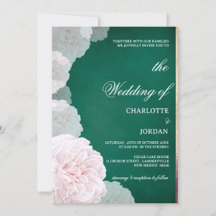 Emerald Green And Blush Pink Peony Wedding Invitation