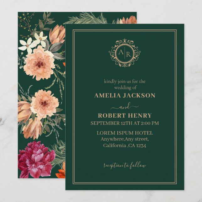 Emerald green and burgundy floral fall wedding invitation (Front/Back)