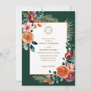 Emerald green and burgundy floral fall wedding invitation