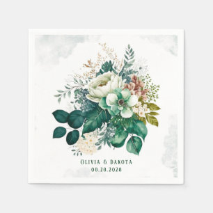 Emerald Green and Cream Florals Wedding Napkin