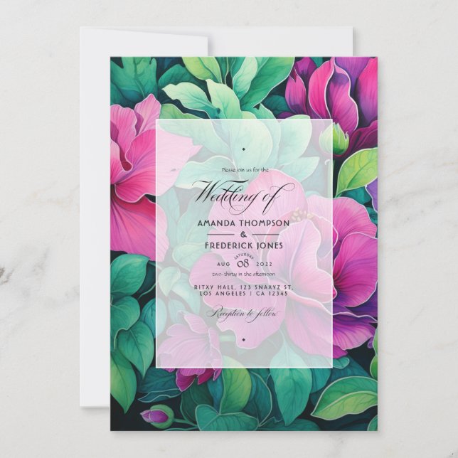 Emerald Green and Fuschia Floral Wedding Invitation (Front)
