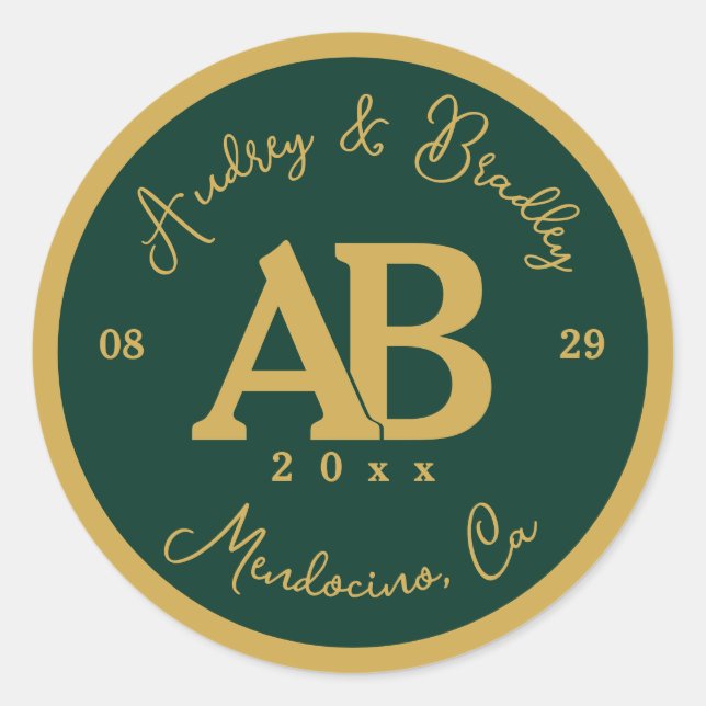 Emerald Green and Gold 2 Letter Monogram Wedding Classic Round Sticker (Front)