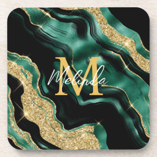 Emerald Green and Gold Abstract Agate Coaster