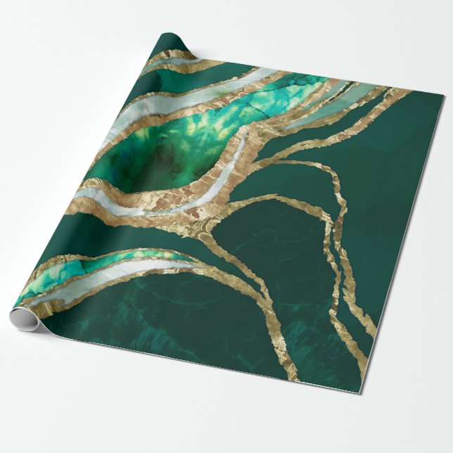 Emerald Green and Gold abstract Wrapping Paper (Unrolled)