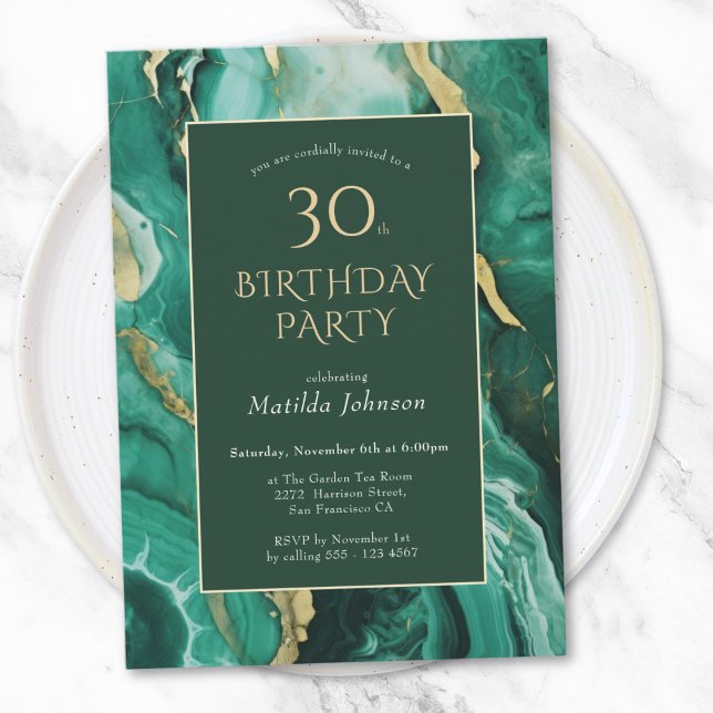 Emerald Green and Gold Agate 30th Birthday Invitation (Emerald Green and Gold Agate 30th Birthday Invitation)