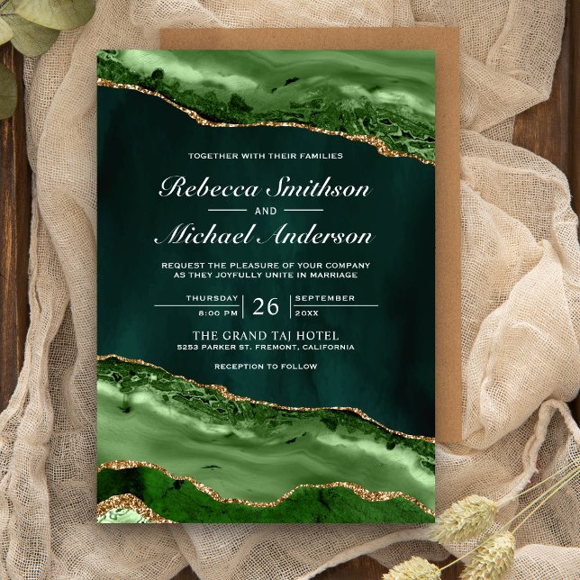 Emerald Green and Gold Agate Marble Wedding Invitation (Creator Uploaded)