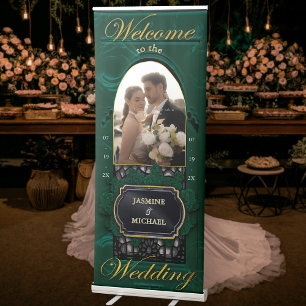 Emerald Green and Gold Arch Photo Wedding Welcome Retractable Banner